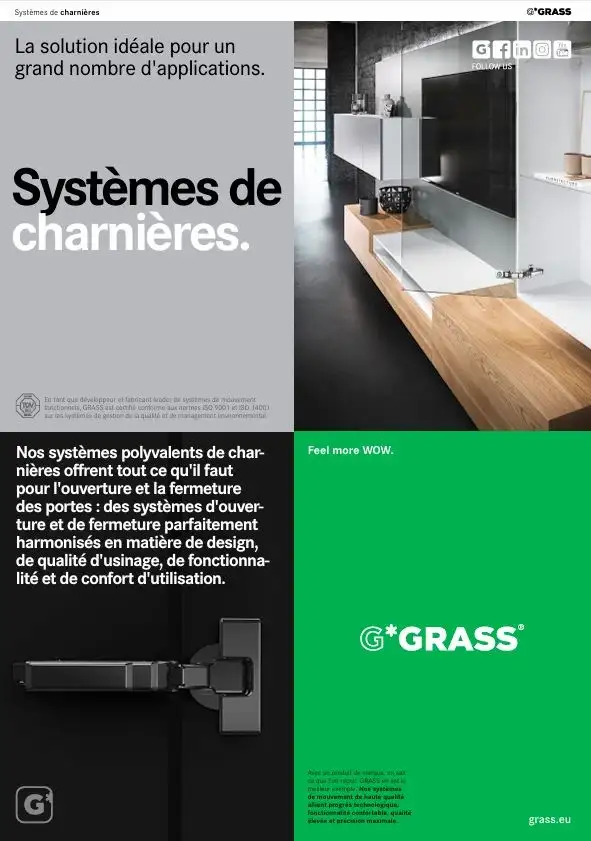 Charnières Grass pour meubles : systèmes Tiomos, Nexis et charnières innovantes