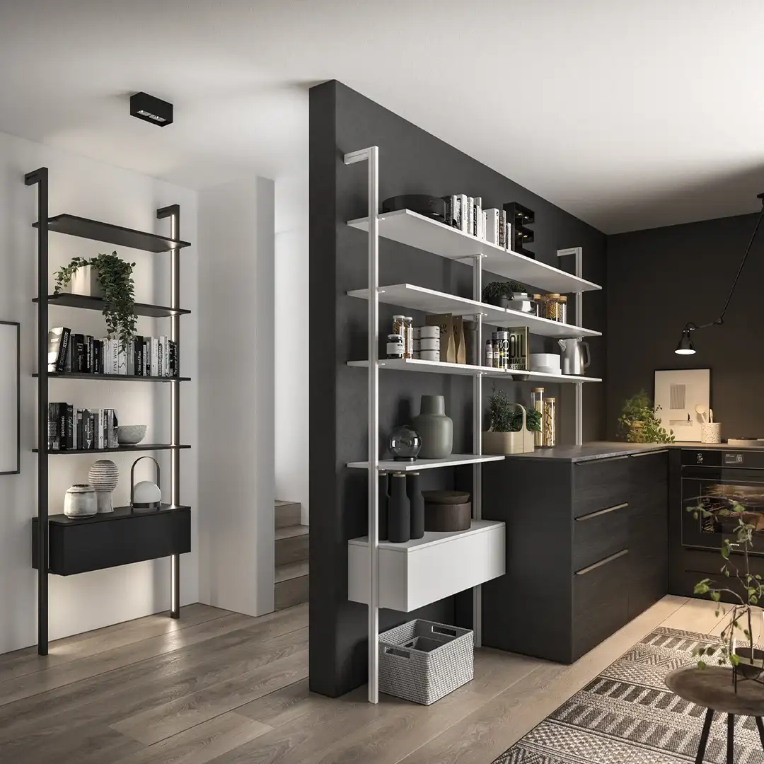 UNICO Eureka: pared equipada modular con LED y estantes ajustables